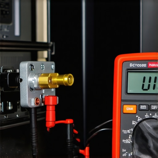 Close-up of a digital multimeter testing an oven bake element for resistance.