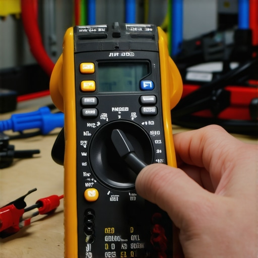 Close-up of a technician measuring resistance on a dishwasher part with a digital multimeter.