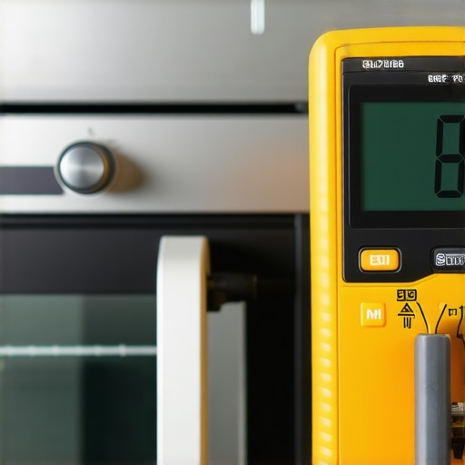 A technician uses a digital multimeter to test electrical continuity on a kitchen oven.